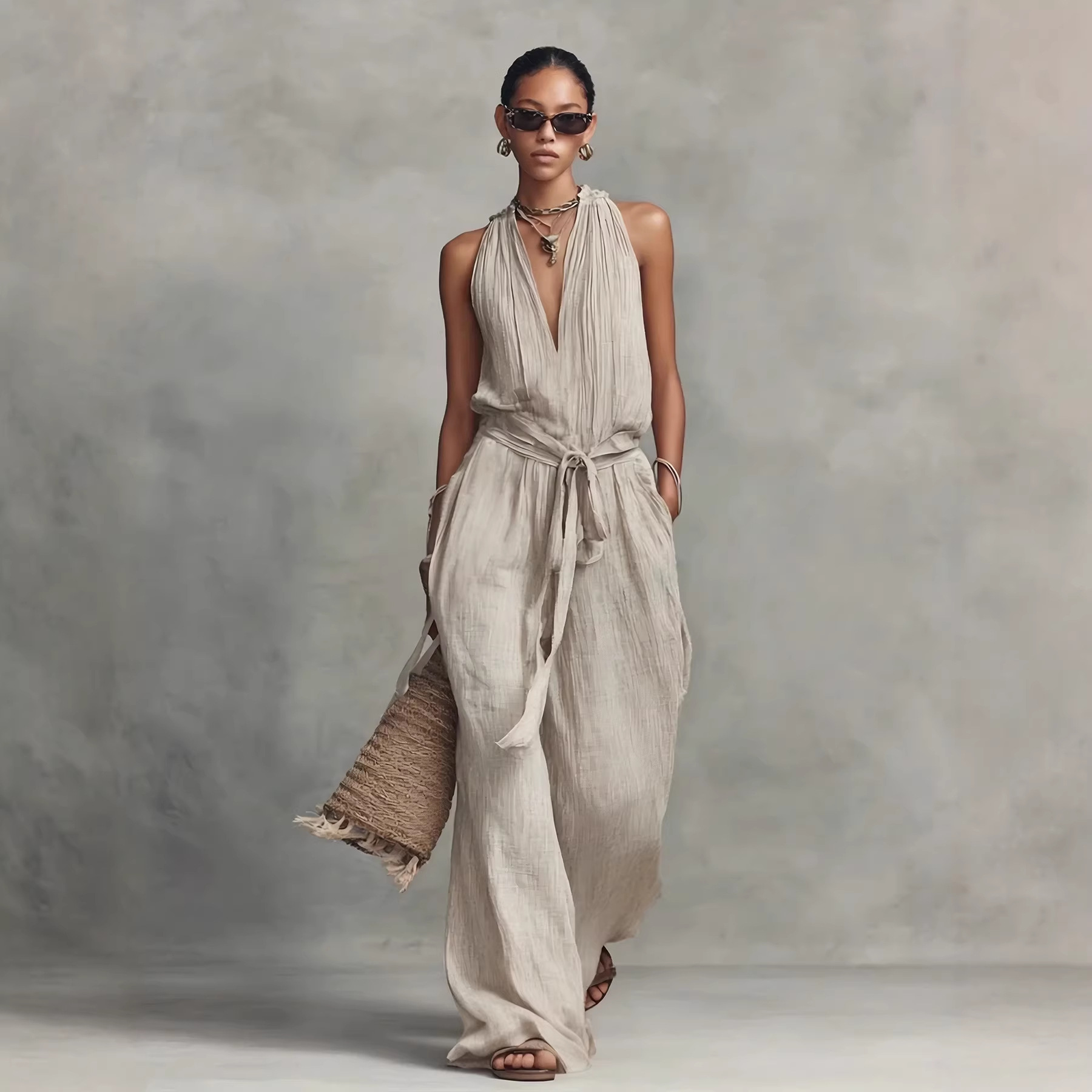 Casual Lace-up Sleeveless Cotton-blend Jumpsuit