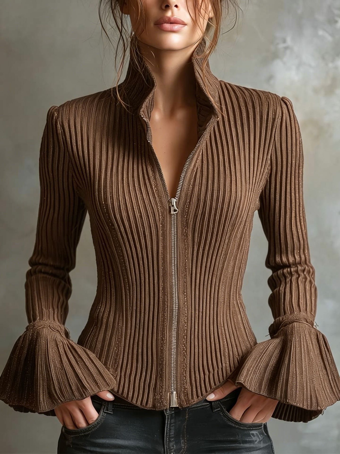 Women's rib-knit zip-up top – detail view of flared bell cuffs and ribbed fabric texture