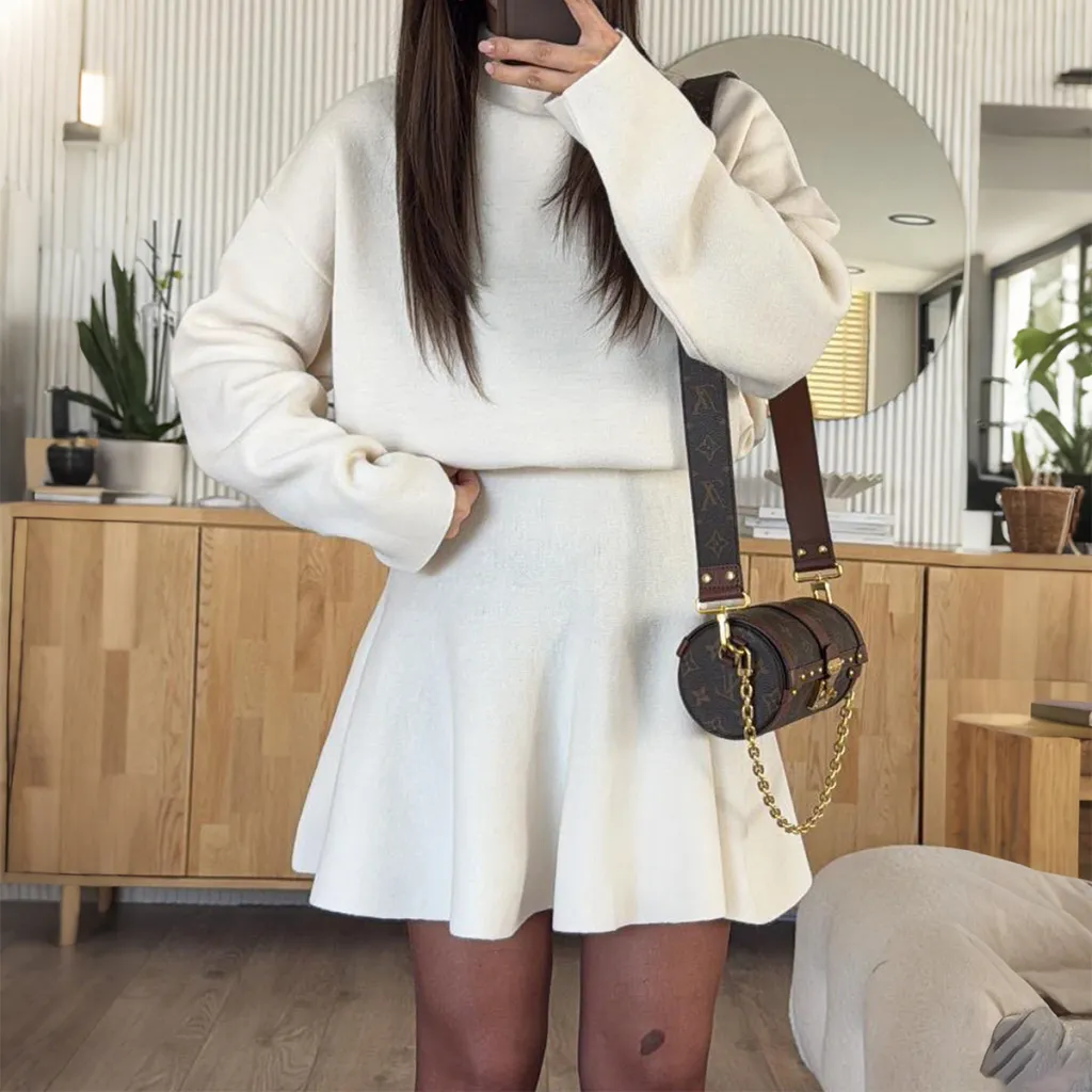 Casual Vacation Style Sweater Long Sleeve Skirt Dress Women's Clothing - White