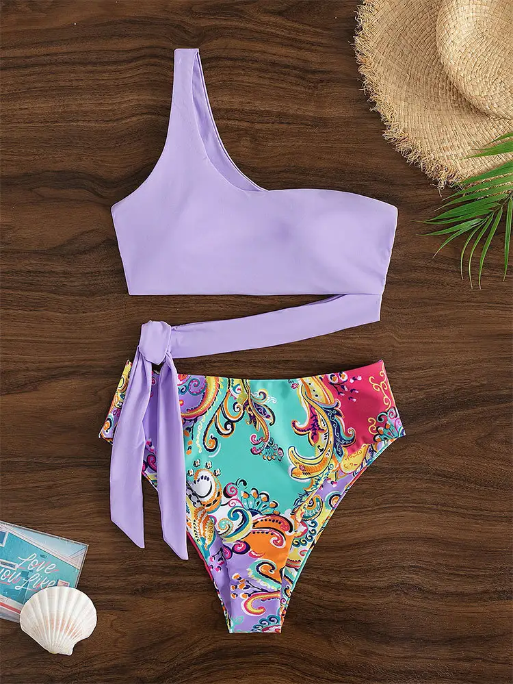 Printed Split Swimsuit Vacation Beach High Waist One Shoulder Sexy Swimsuit