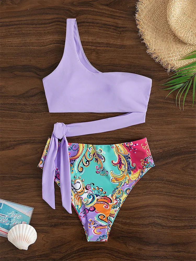 Printed Split Swimsuit Vacation Beach High Waist One Shoulder Sexy Swimsuit - Purple