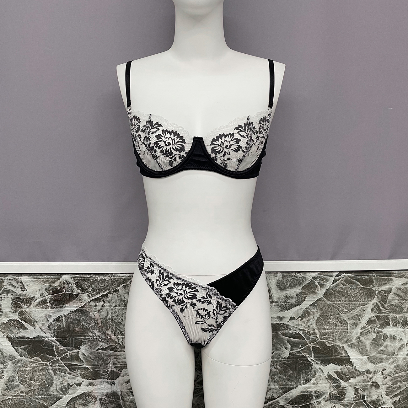 Color Matching Lace Satin Contrast Color Suit See-through Two-piece Set