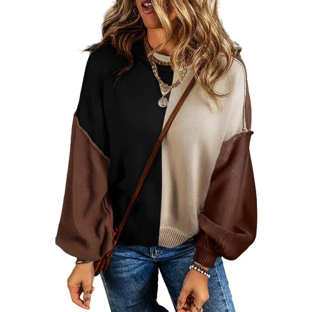 European And American Leisure All match Exposed Seam Contrast Color Sweater - Shop at LoveMi