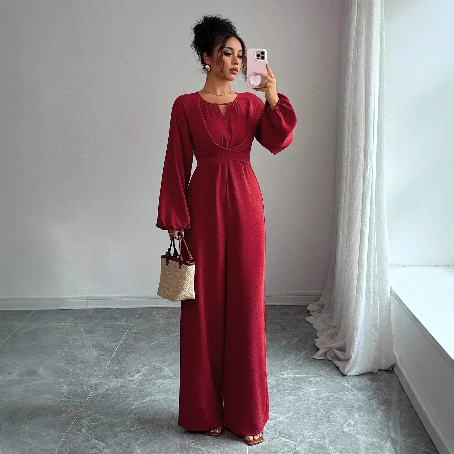 Women's Solid-Colored Jumpsuit With Puffed Sleeves, Square Neck And Wide Legs