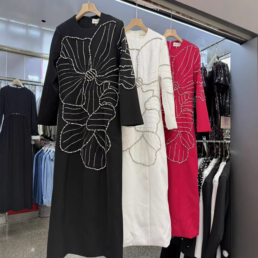 Womens Long Dress With Long Sleeves Crew Neck And Rhinestone-Embellished Floral Design
