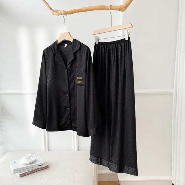 Women's Printed Pajamas Summer Ice Silk Long Sleeve Lapel Cardigan Black - Shop at LoveMi