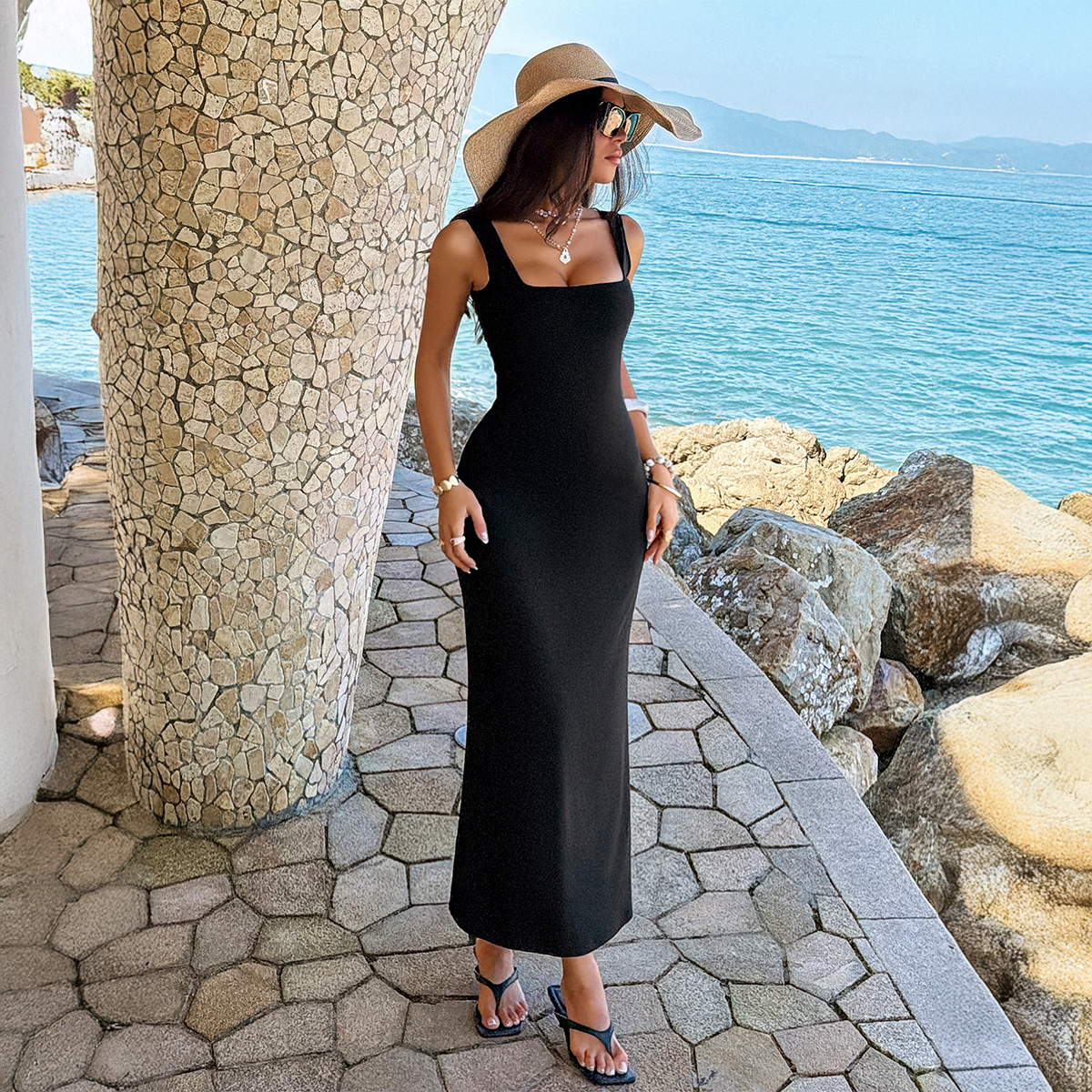 Elegant Square-neck Solid-color Slim-fit Dress For Women