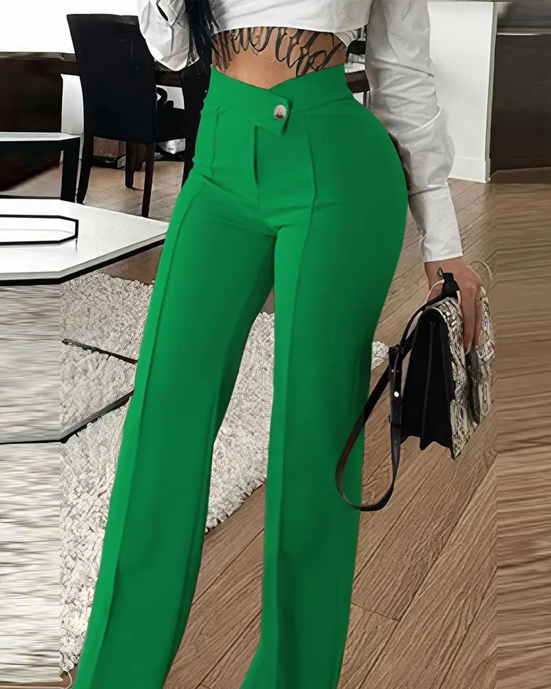 Slim Straight-leg Pants with Buckle Fashion Solid Color Trousers for Womens