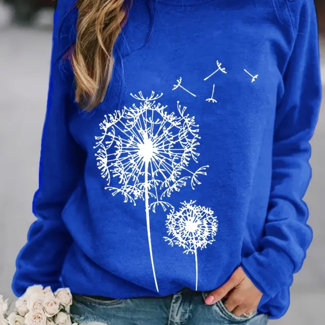 Dandelion Printed Long Sleeve Crew Neck Pullover Sweatshirt Blue - Shop at LoveMi