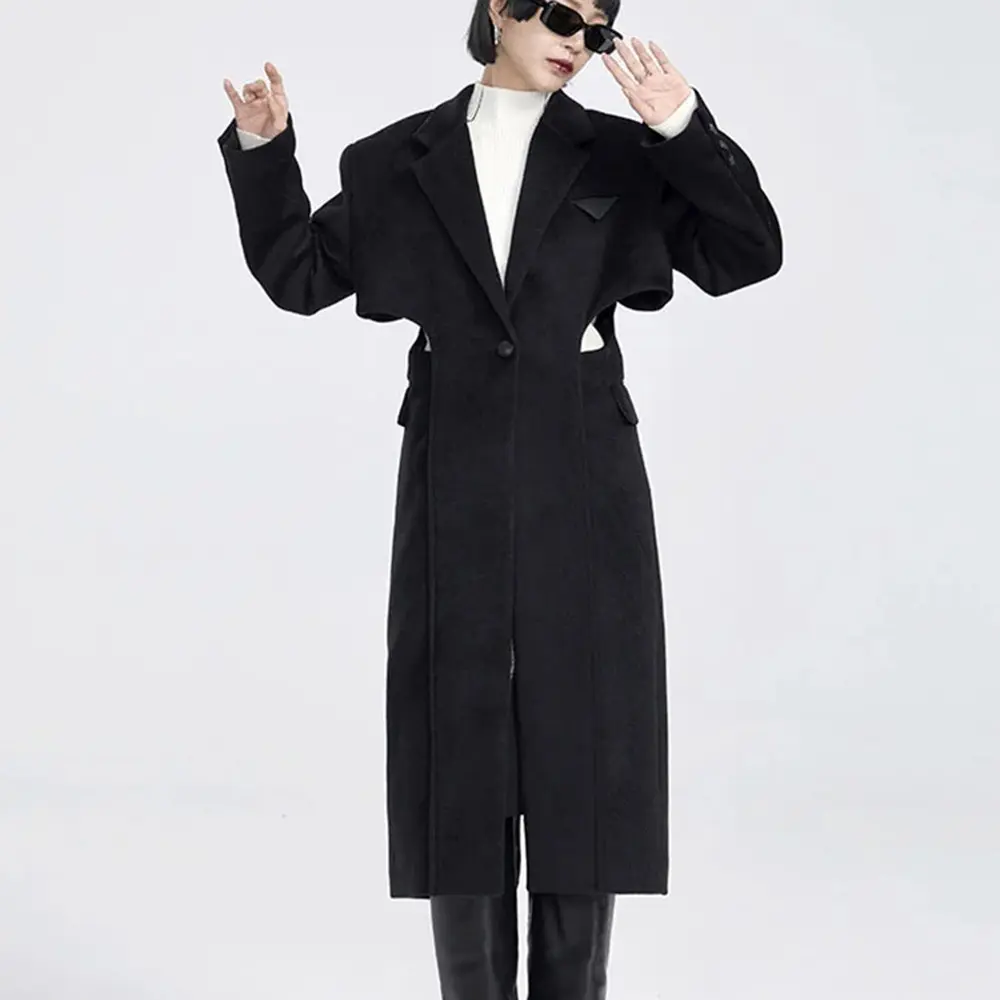 Fake Two-piece Hollow-out Long Wool Coat
