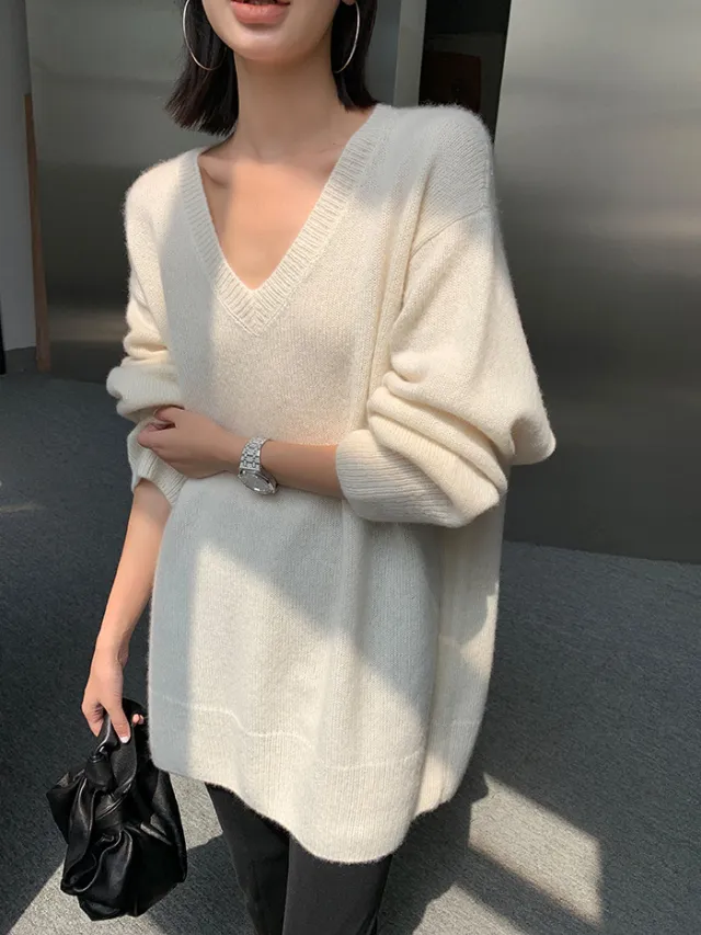 Idle Style V neck Women's Thick Mid length Sweater Milky White - Shop at LoveMi