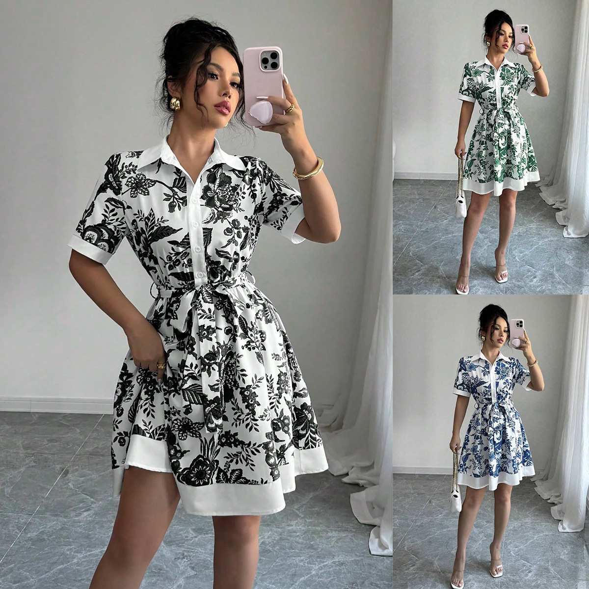 Simplicity Waist-controlled Printed Lace Up Short Sleeve Dress