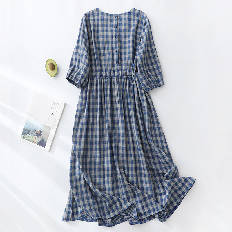 Cotton Plaid Half-Sleeve Midi Dress