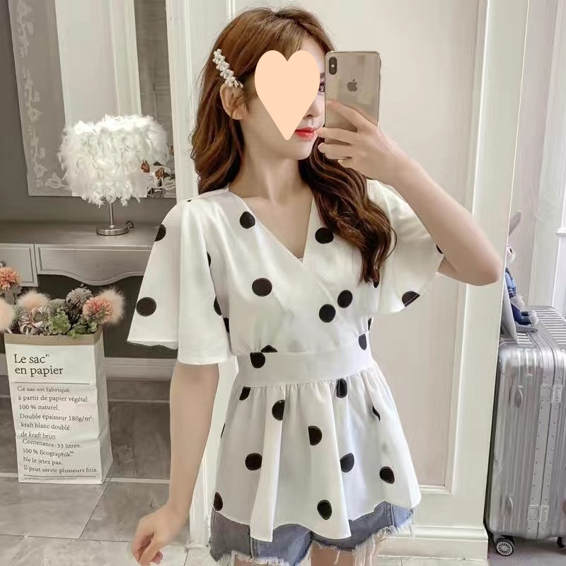 Women's Casual Polka Dot Graceful Collar Lace up Waist Trimming Shirt White - Shop at LoveMi