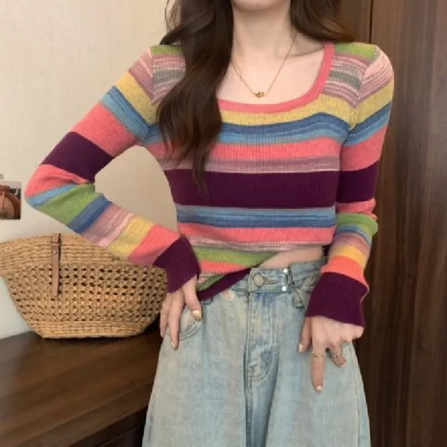 Spicy Style Square Collar Niche Contrast Color Stripes Pink Collar - Shop at LoveMi