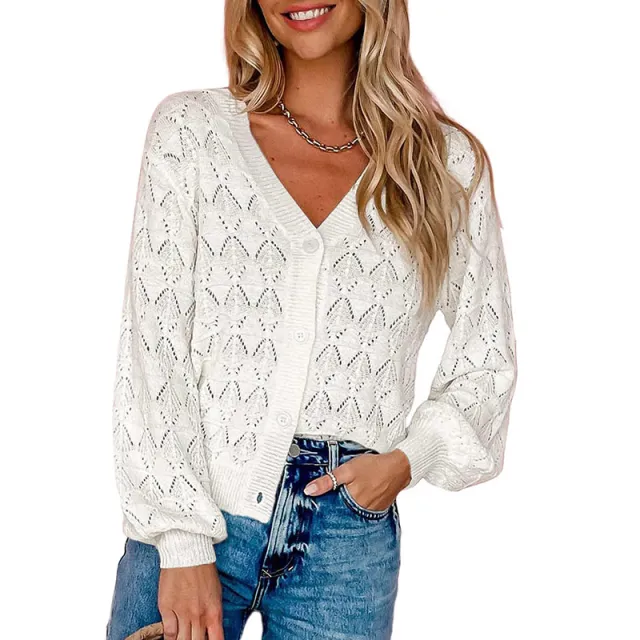 Knitted Shawl Front V neck Buttons Top White - Shop at LoveMi