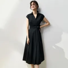 Symmetrical Pleated Vertical Cut Cinched Tie Slim-fit Cotton Shirt Dress - Black - View 1