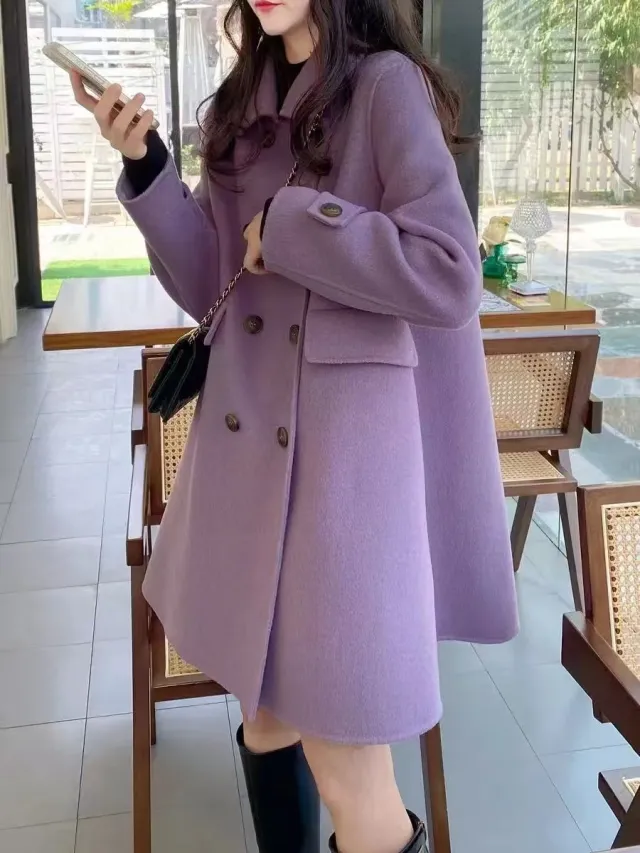Mid length Korean Style Doll Collar Autumn And Winter Woolen Woolen Coat Fumigating Purple - Shop at LoveMi