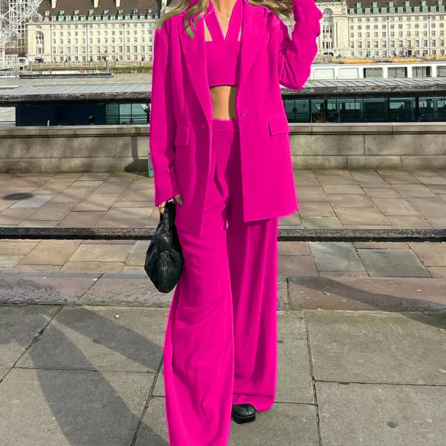 Long Sleeve Suit Coat Casual Trousers Set Three piece Set Rose Red - Shop at LoveMi