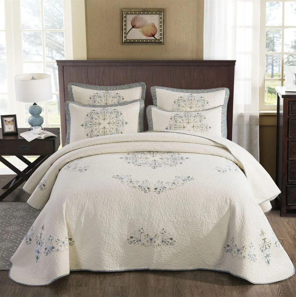 European-style Simple Quilt Embroidery Pure Cotton Bed Cover Three-piece Set