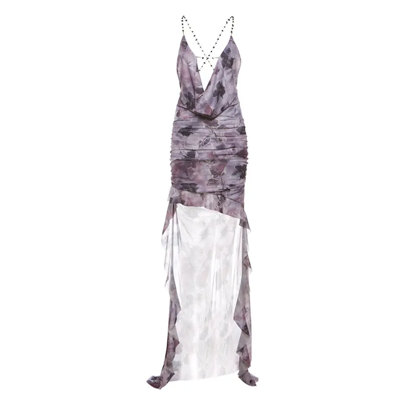Women's Swing Collar Backless Slip Dress - Purple