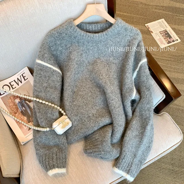 Gray Round collar Sweater Women's Retro Casual Loose Temperament Top Gray - Shop at LoveMi