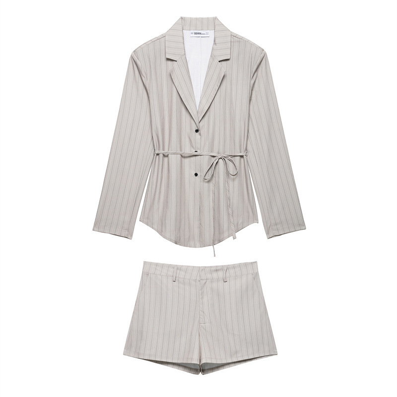 Thin Belt Striped Blazer Mini Shorts