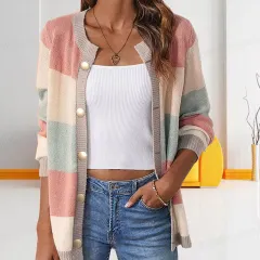 Women's Colour Matching Temperament Crew Neck Loose Sweater Coat - Pink - View 1