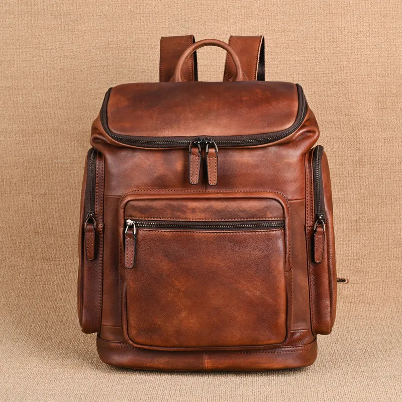 Genuine Retro Double-layer Cowhide Backpack For Men, Outdoor Leisure Travel Backpack - Brown