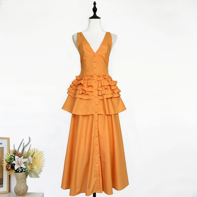 Retro-style Halter-neck Ruffled Tiered Skirt Midi Dress Solid-color One-piece Dress