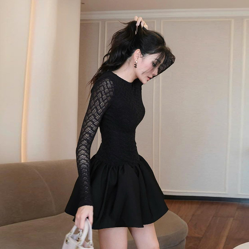 Elegant Slim Lace Fitted Waist Bubble Long Sleeve Dress