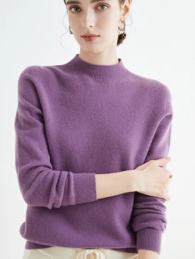 Seamless Half High Neck Loose Fitting Pullover With Bottom Sweater Dark Purple - Shop at LoveMi