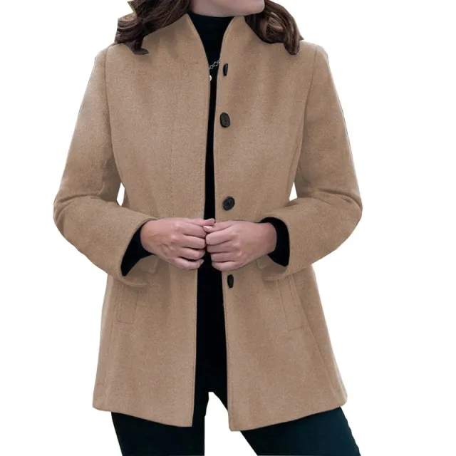 Minimalist Long Sleeve Lapel Button Slim fit Woolen Coat Khaki - Shop at LoveMi