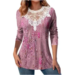 Lace Patchwork Round Neck Top Fashion Casual Printing Loose Long Sleeve Top Women - Pink - View 1