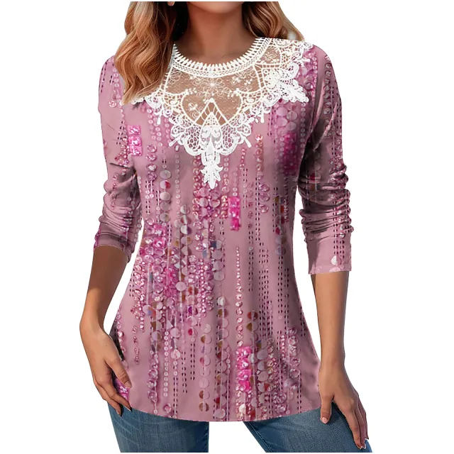 Lace Patchwork Round Neck Top Fashion Casual Printing Loose Long Sleeve Top Women Pink - Shop at LoveMi