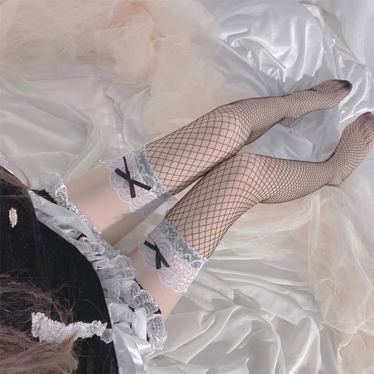 Title 1, Lace Long Socks Autumn Bow Black Silk