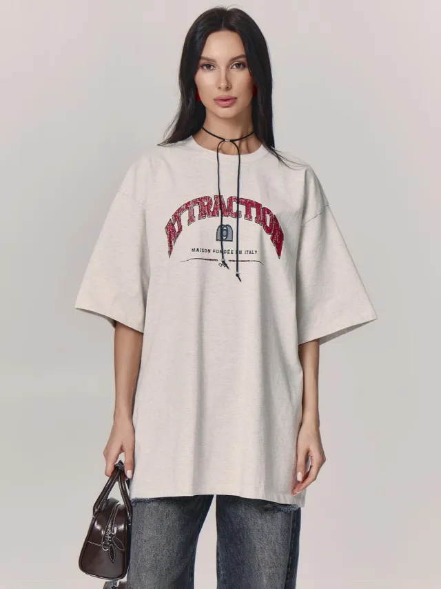 Women's Letter Printed T shirt Loose Shoulder Gray And White - Shop at LoveMi