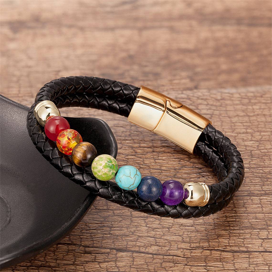 Colorful 8mm Stone Beaded Vintage Leather Natural Stone Bracelet