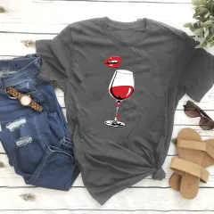Women's Summer Plus Size Women's Clothes Printed Wine Glass Red Lips T-shirt - Grey - View 1