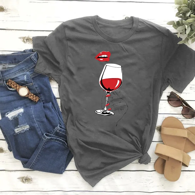 Women's Summer Plus Size Women's Clothes Printed Wine Glass Red Lips T-shirt - Gray