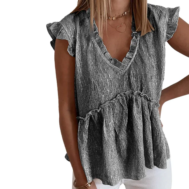 Personalized Metal Pleated Ruffled Short Sleeves Loose Top For Women Black - Shop at LoveMi