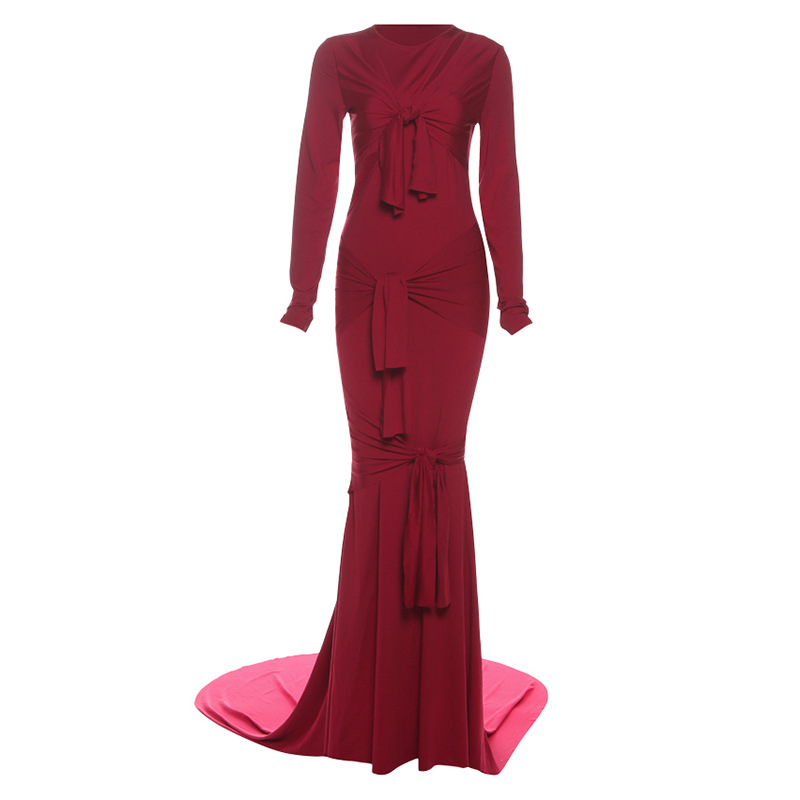 Sexy Figure hugging Sheer Long sleeve Solid color Elegant Gown Dress Wine - Shop at LoveMi