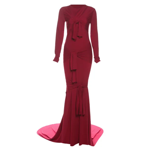 Sexy Figure hugging Sheer Long sleeve Solid color Elegant Gown Dress Wine Red - Shop at LoveMi