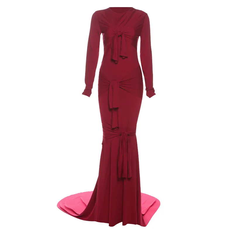 Sexy Figure-hugging Sheer Long-sleeve Solid-color Elegant Gown Dress - Wine Red
