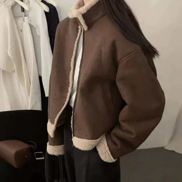 Retro Stand Collar Short One piece Coat Women's Winter New Fur Lamb Wool Brown - Shop at LoveMi