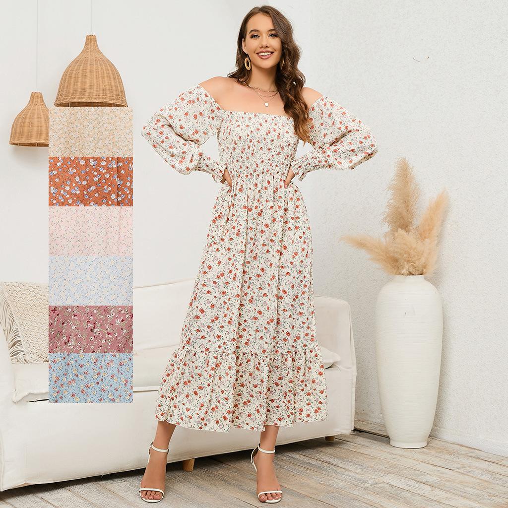 Long-sleeved Chiffon Dress With A Small Floral Print