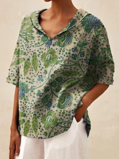 Women's Creative Printing Cotton And Linen Relaxed-fit Hoodie Top - Green - View 1