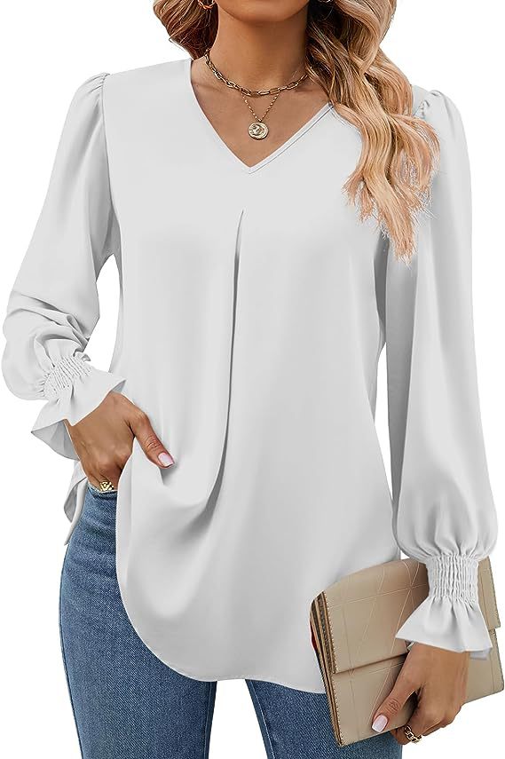 Women's Fashion Casual Solid Color Chiffon Shirt V-neck Long Sleeve Top - Image 5