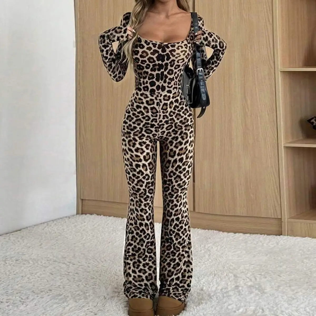 Women's Slim-fit Hip-wrapped Square Collar Leopard Print Jumpsuit