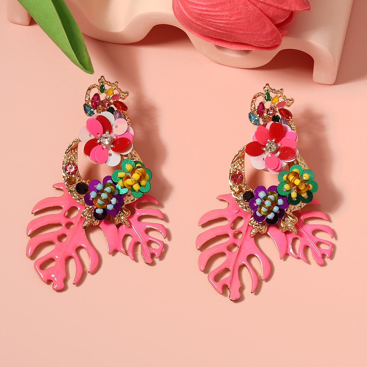 Fashionable Exaggerated Alloy Leaf Earrings With Colorful Rhinestones For Women
